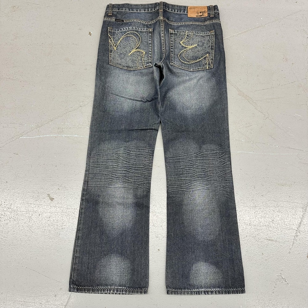 Marc Ecko Jeans Mens 34x32 Blue Boot Cut Embroidered Pockets Medium Wash